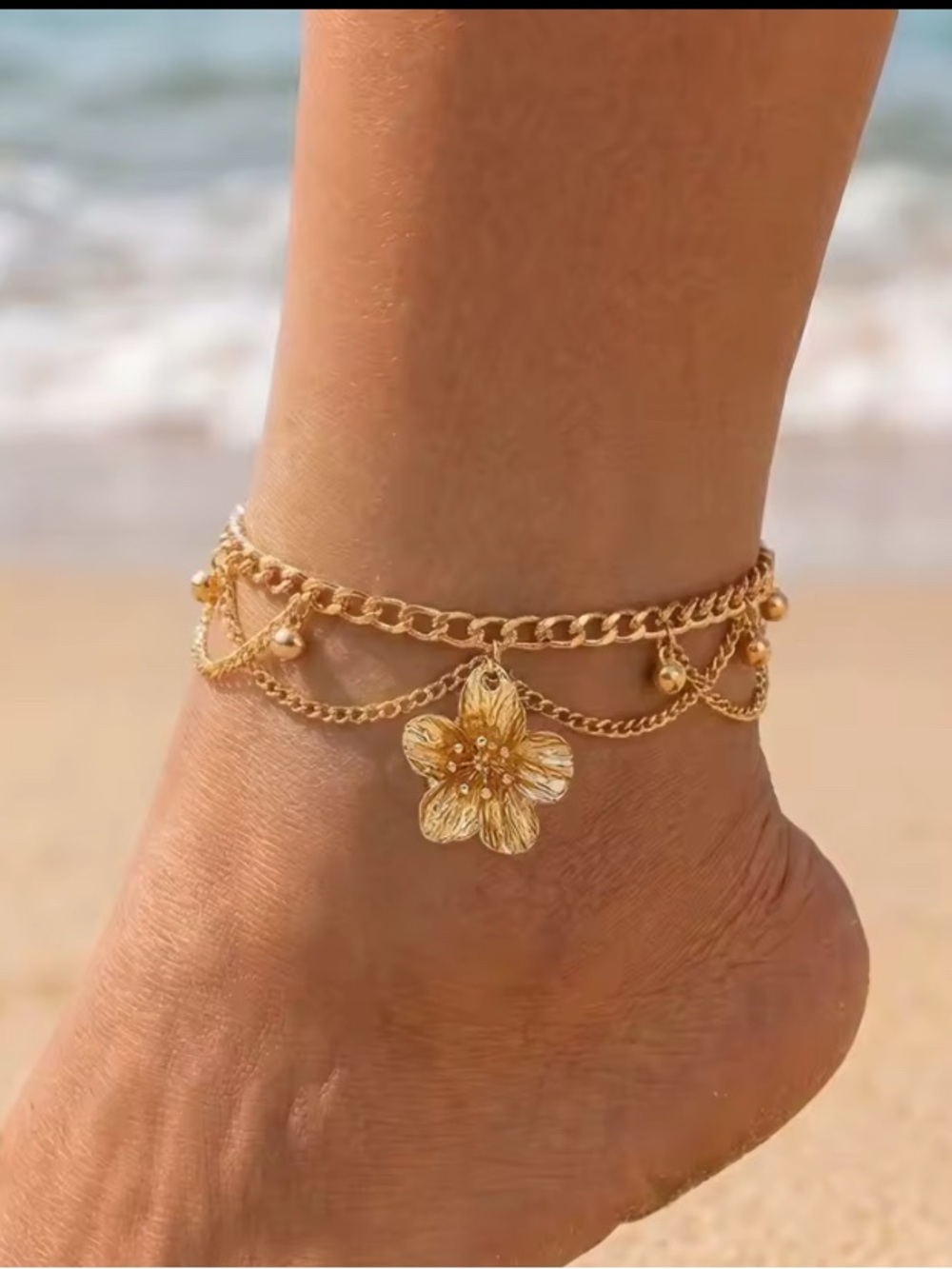 Gold Floral Double-Layer Anklet with Charm